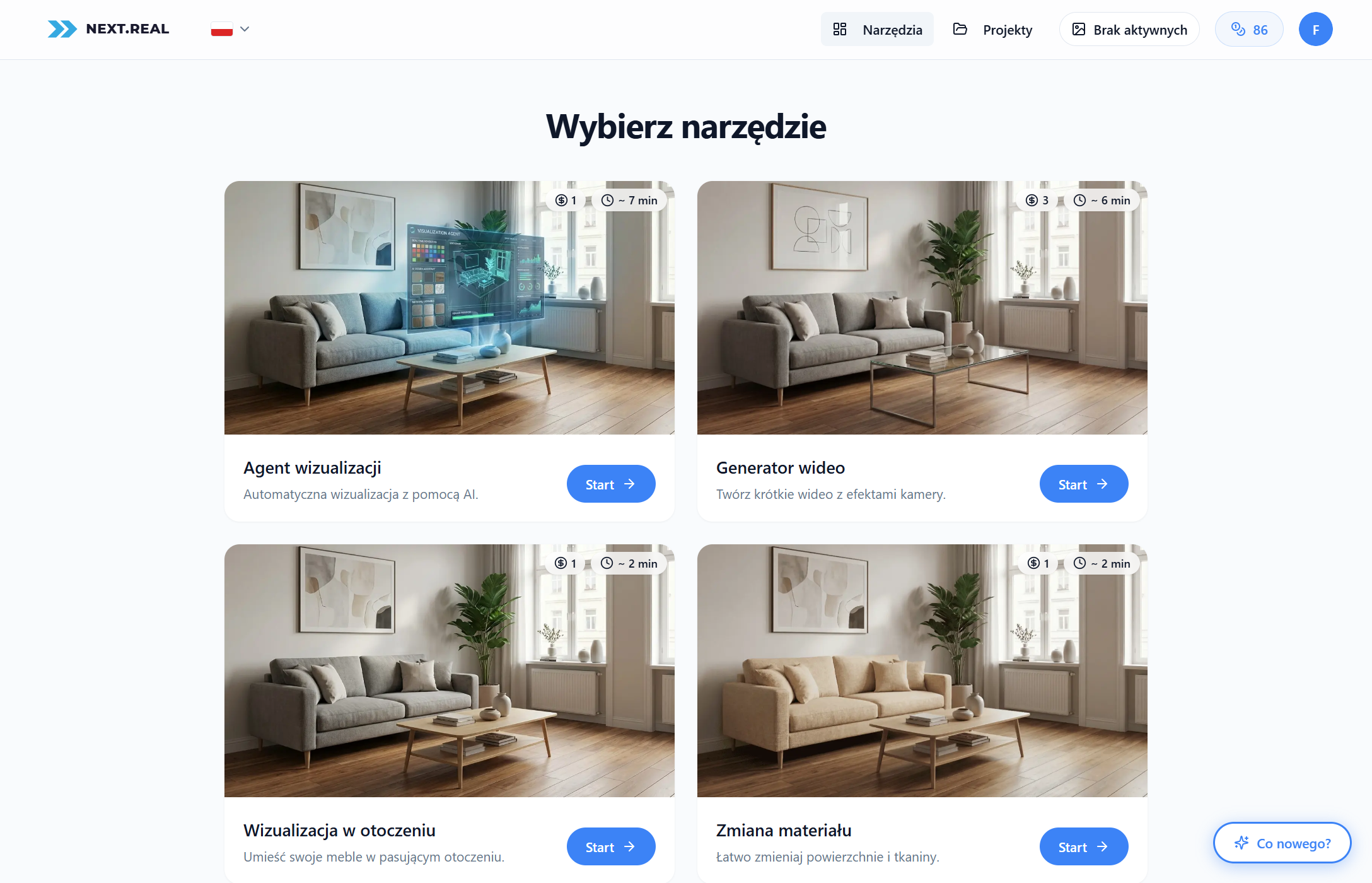 NextReal Studio — widok aplikacji po zalogowaniu